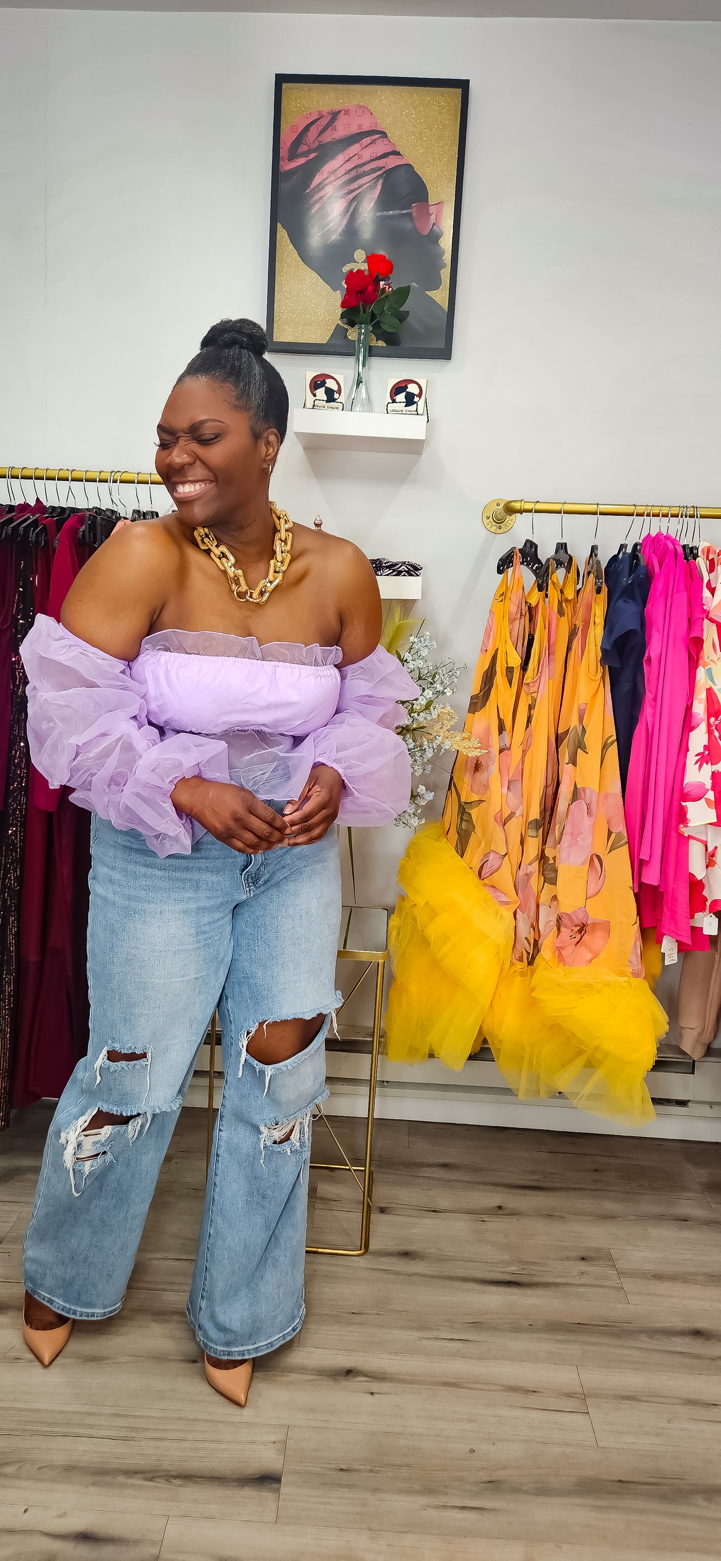 Get Right Back Off Shoulder w Organza Sleeves Top