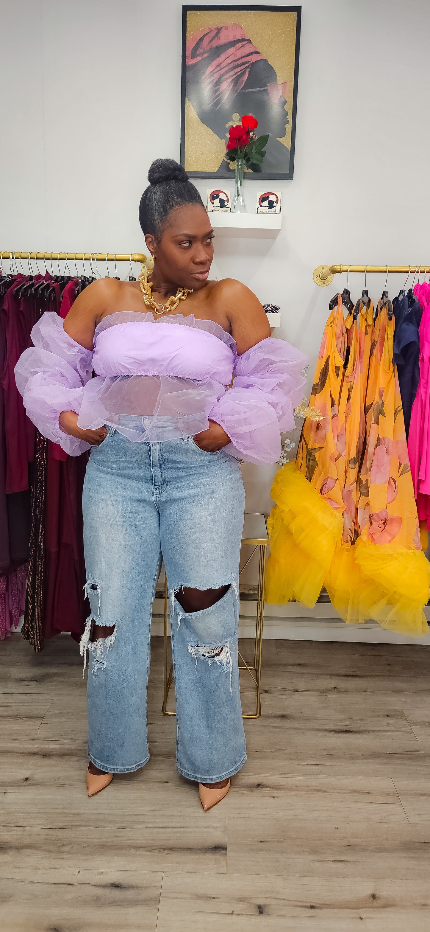 Get Right Back Off Shoulder w Organza Sleeves Top