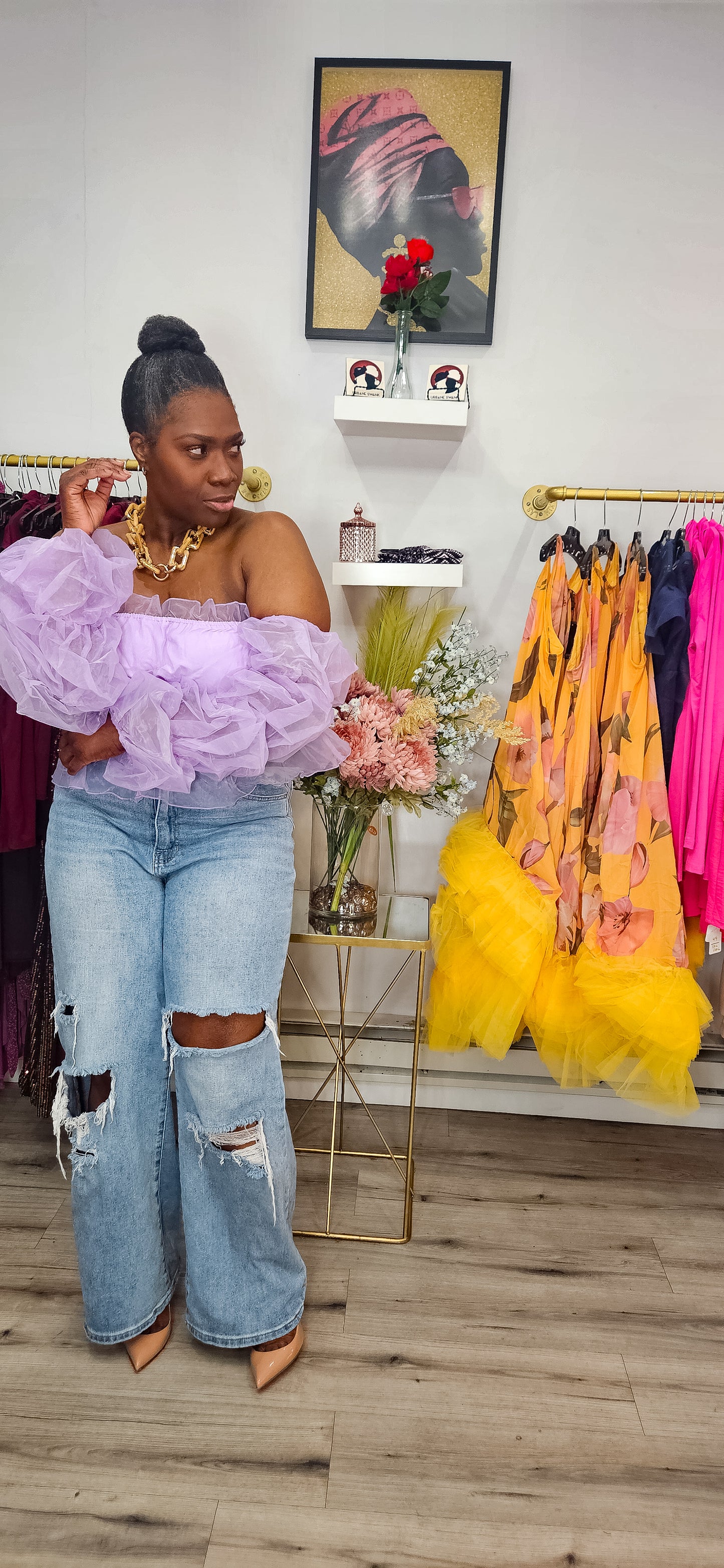 Get Right Back Off Shoulder w Organza Sleeves Top