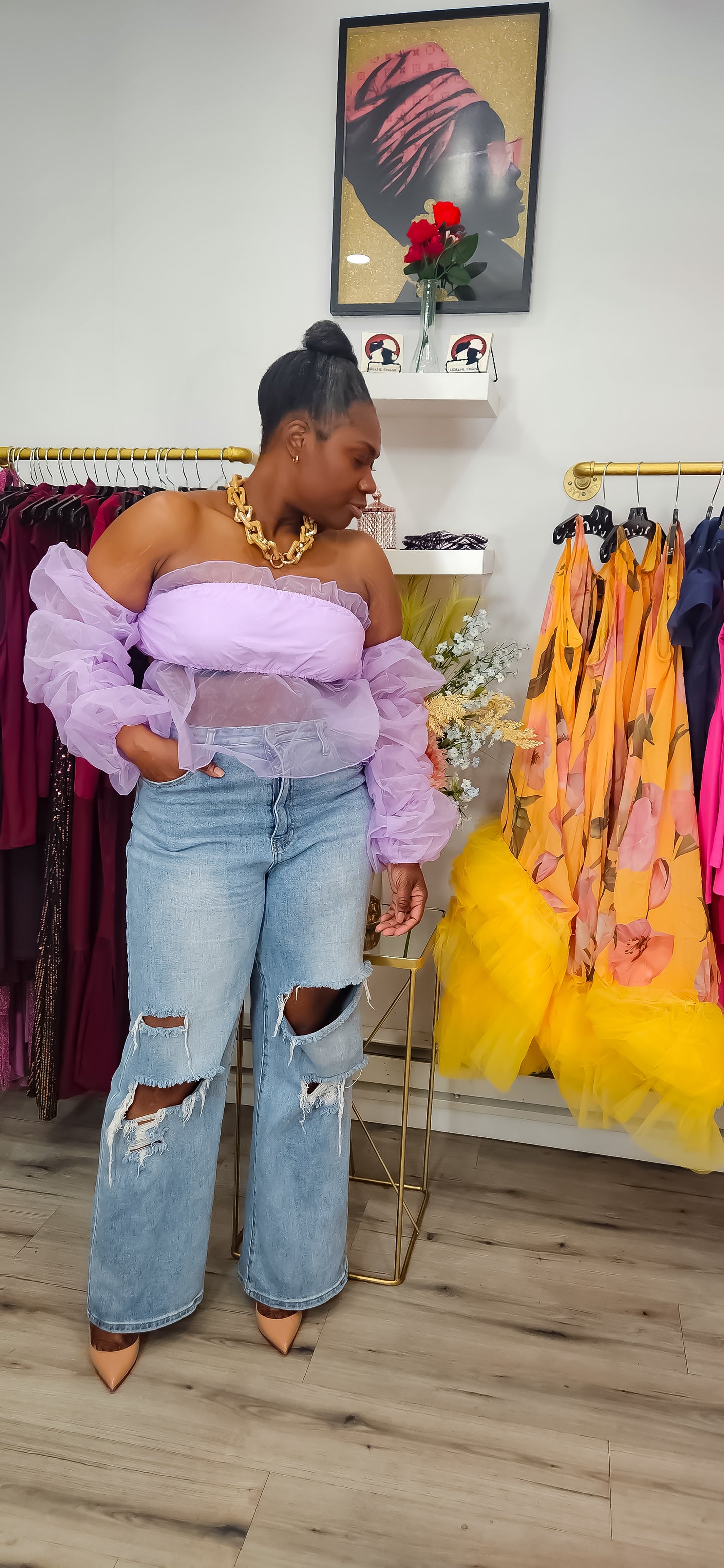 Get Right Back Off Shoulder w Organza Sleeves Top