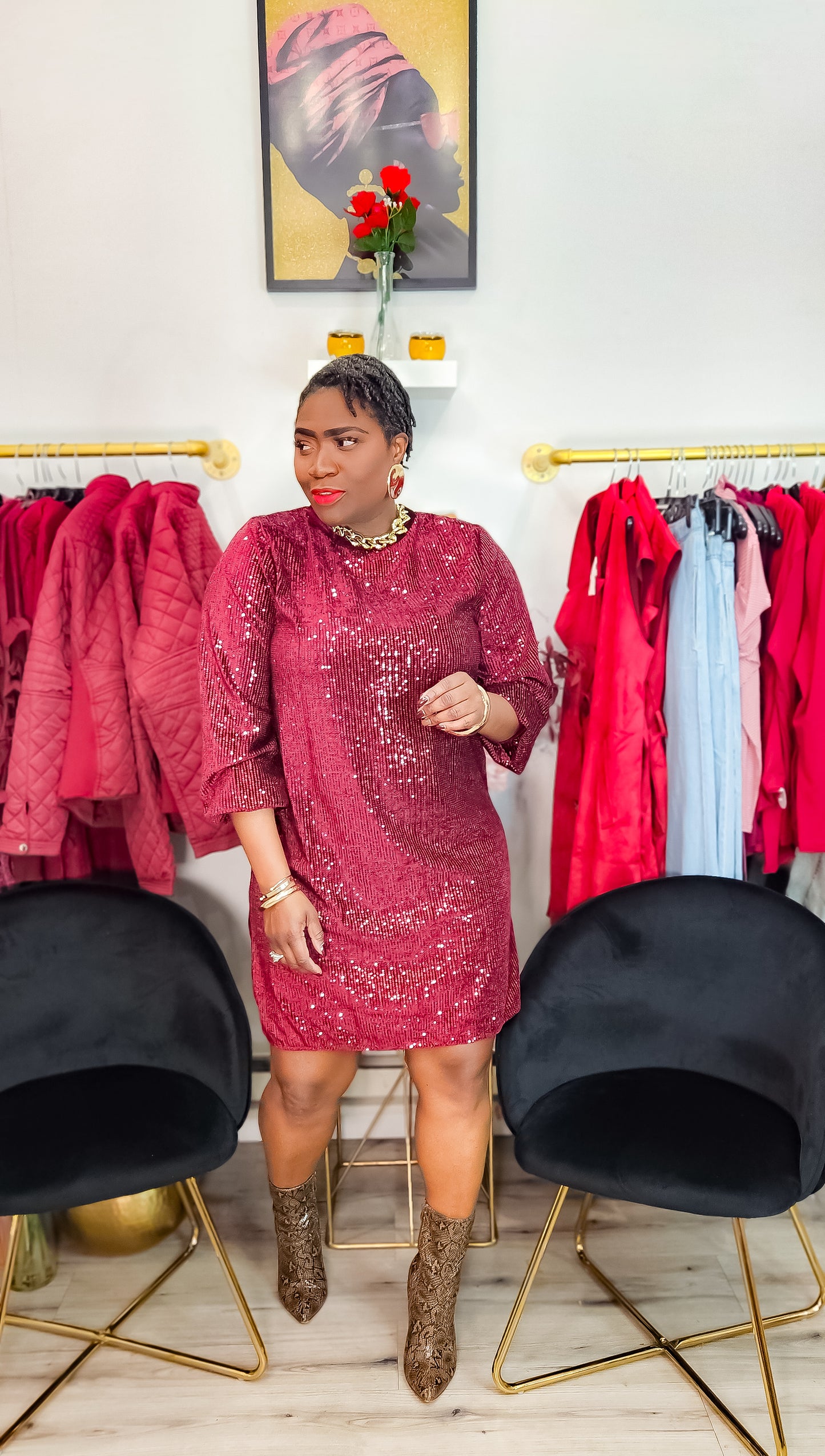 Merlot Velvet Sequin Mini Dress(Plus)