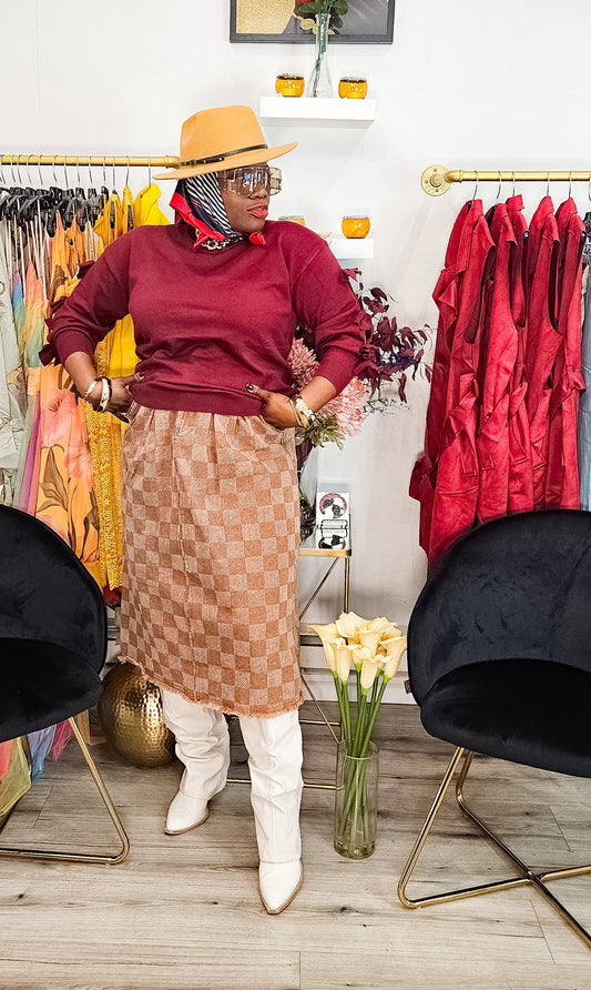 Merlot  Desire Checkered Washed Denim Midi Skirt.