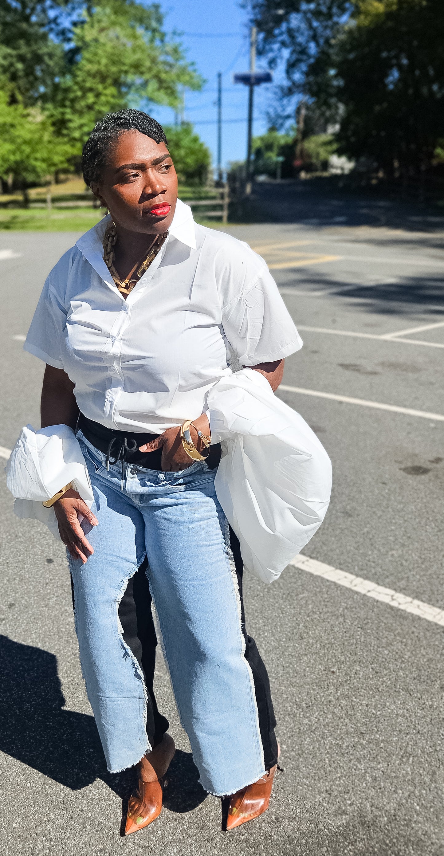 Double Trouble Button Up Top with Cape Sleeve Overlay